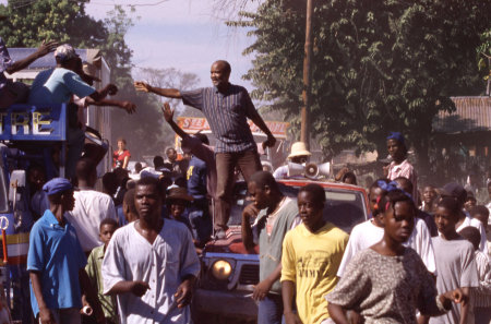 Rene Preval campaigns for the 2004 Haitian presidential elections.