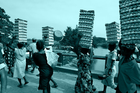 Eggs walking across the border bridge from Dominican Republic to Haiti.