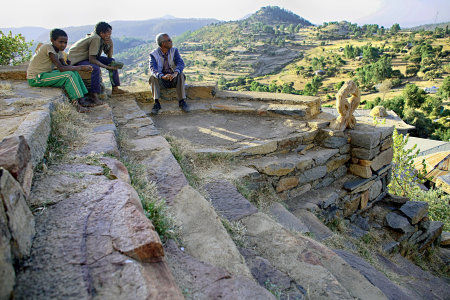 At the Abba Pantaleon Monastery, after a long, steep hike, Gebre takes in the views of a favorite place he used to visit.